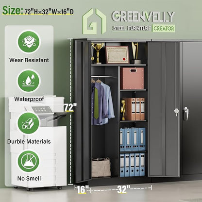 Greenvelly Metal Wardrobe Closet with Doors and Shelves,72" Black Armoire Wardrobe Closet for Hanging Clothes for Office, Home, School, Employee,Gym