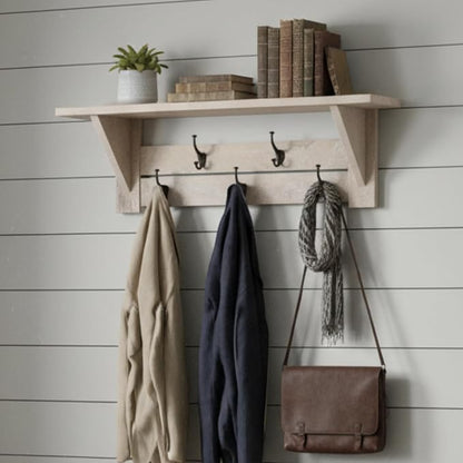 Alaterre Furniture Bethel Wall-Mounted Coat Rack with Shelf – Modern Farmhouse 40-Inch Solid Wood Entryway Organizer with 5 Black Metal Double Hooks & Upper Storage Shelf (Driftwood Finish)