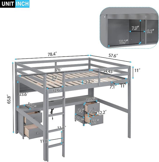 Full Size Loft Bed with Desk, Storage Cabinets, Drawers and Bedside Tray, Multifunctional Full Beds with Plug Outlets & 2 USB Port, Gray