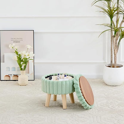 Wimarsbon Storage Ottoman, Modern Round Footrest with Soft Padded Seat, Teddy Velvet Footstool with Wood Legs, Accent Small Table or Plant Stand for Hallway, Living Room (Light Green)
