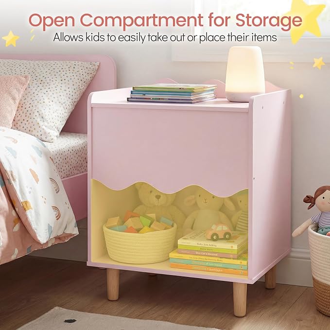 Costzon Nightstand, Kids Scalloped Side Table w/Wide Top, Large Storage Compartment & Solid Rubber Wood Legs, Wooden End Table for Children's Play Room, Bedroom, Living Room (Pink)