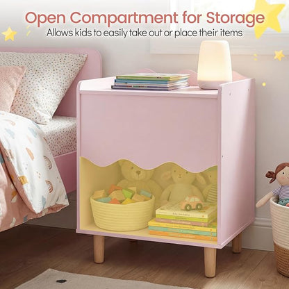 Costzon Nightstand, Kids Scalloped Side Table w/Wide Top, Large Storage Compartment & Solid Rubber Wood Legs, Wooden End Table for Children's Play Room, Bedroom, Living Room (Pink)