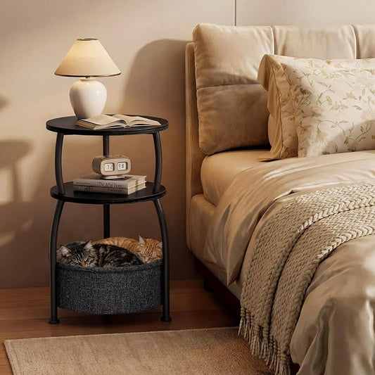 Round Side Table with Storage Basket, End Table Living Room, Black | Round End Table Small Spaces, Bedside Table for Bedroom, 3 Tiers, Sofa Couch Side Table, Greige 15.75 x 24in