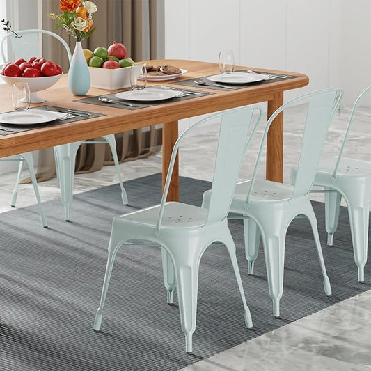 FDW | Set of 4 Metal Dining Chairs | Blue | Stackable Tolix Side Chairs with Backrest | Scratch-Resistant | Non-Slip Feet | Indoor/Outdoor Use | 330 lbs Capacity | Ideal for Kitchen & Restaurant