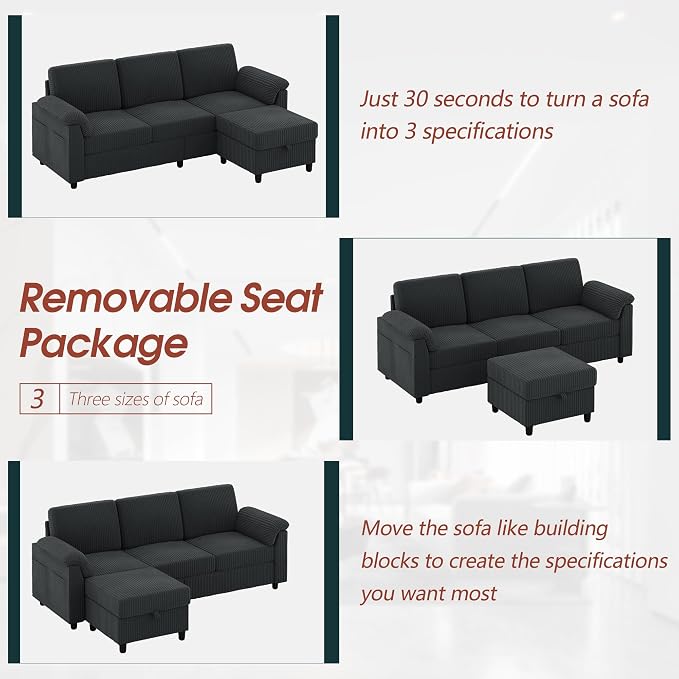 Vongrasig 79" Convertible Sectional Sofa Couch, 3 Seat L Shaped Sofa with Ottoman Corduroy Fabric Small Couch Mid Century for Living Room, Apartment and Office (Gray)