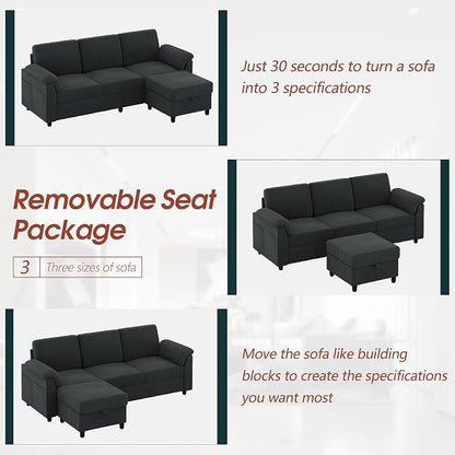 Vongrasig 79" Convertible Sectional Sofa Couch, 3 Seat L Shaped Sofa with Ottoman Corduroy Fabric Small Couch Mid Century for Living Room, Apartment and Office (Gray)