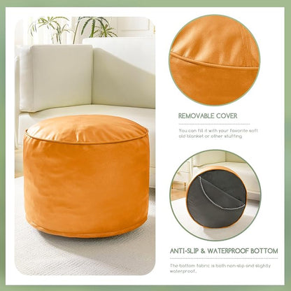 HIGOGOGO Round Stuffed Pouf Ottoman, Pu Leather Poufs with Foam Chunk Filling, Furry and Fluffy Pouf Foot Stool Storage Ottoman, 26 X 18 Floor Poufs Foot Rest for Living Room, Orange