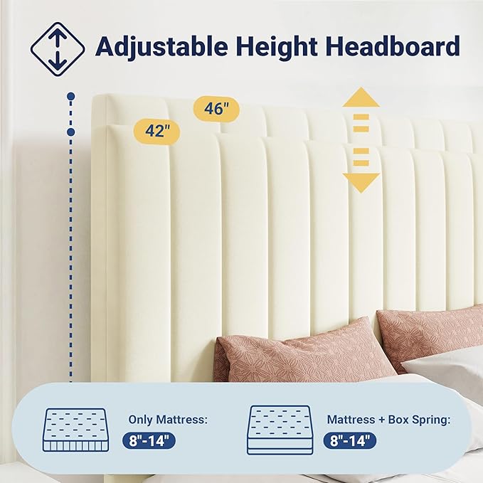 Allewie Queen Size Storage Bed Frame, Vertical Channel Tufted Adjustable Headboard, Velvet Upholstered Platform Bed with 4 Oversized Underbed Drawers, Wooden Slats Support, No Box Spring Needed, Cream