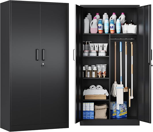 Broom Closet with Lock, Metal Storage Cabinet 36" Wide, 5-Tier Steel Utility Cabinet with Hanging Rod & Doors for Garage, Laundry Room, Warehouse Storage