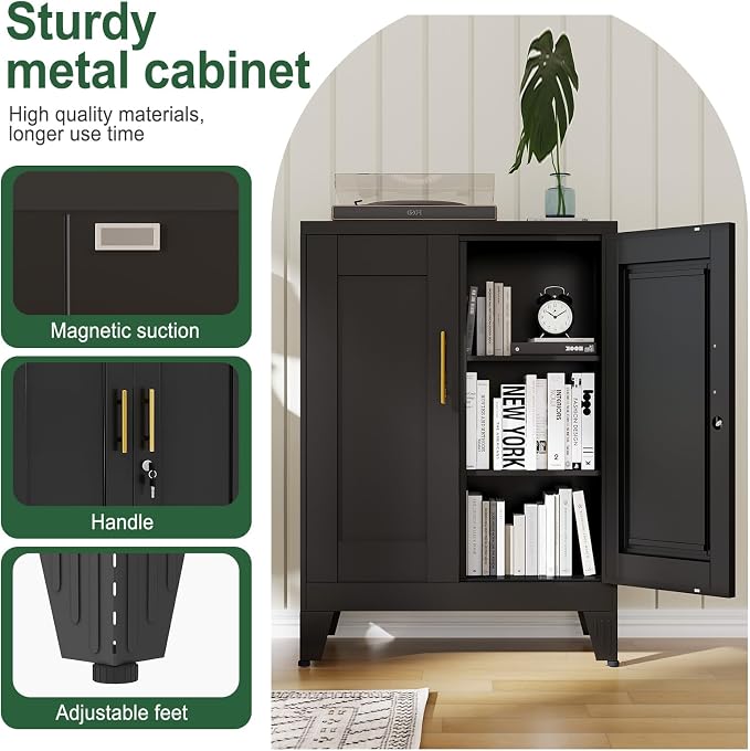 Black Metal Storage Cabinet, 36" Tall Locking Storage Cabinet with 2 Adjustable Shelves, Steel Locker Organizer, for Office, Home, School, 11.81" D x 23.62" W x 35.83" H