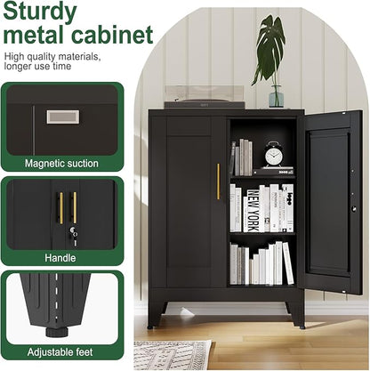 Black Metal Storage Cabinet, 36" Tall Locking Storage Cabinet, 12”D | with 2 Adjustable Shelves, Steel Locker Organizer, Metal Freestanding Buffet Cupboards Sideboard for Office, Home, School,2PS