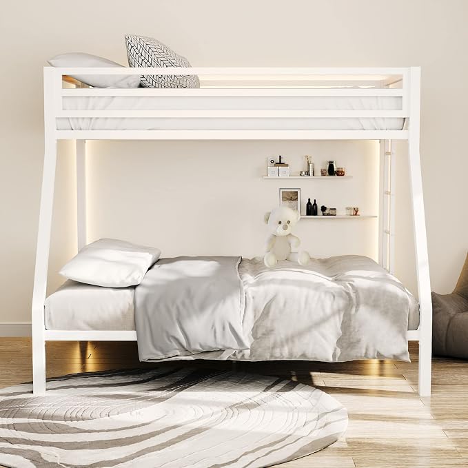 ikalido Metal Loft Bunk Bed Twin Over Full Size with Landder, Cream White | Safety Guardrail,No Box Spring Needed, Space Saving Bedroom Furniture
