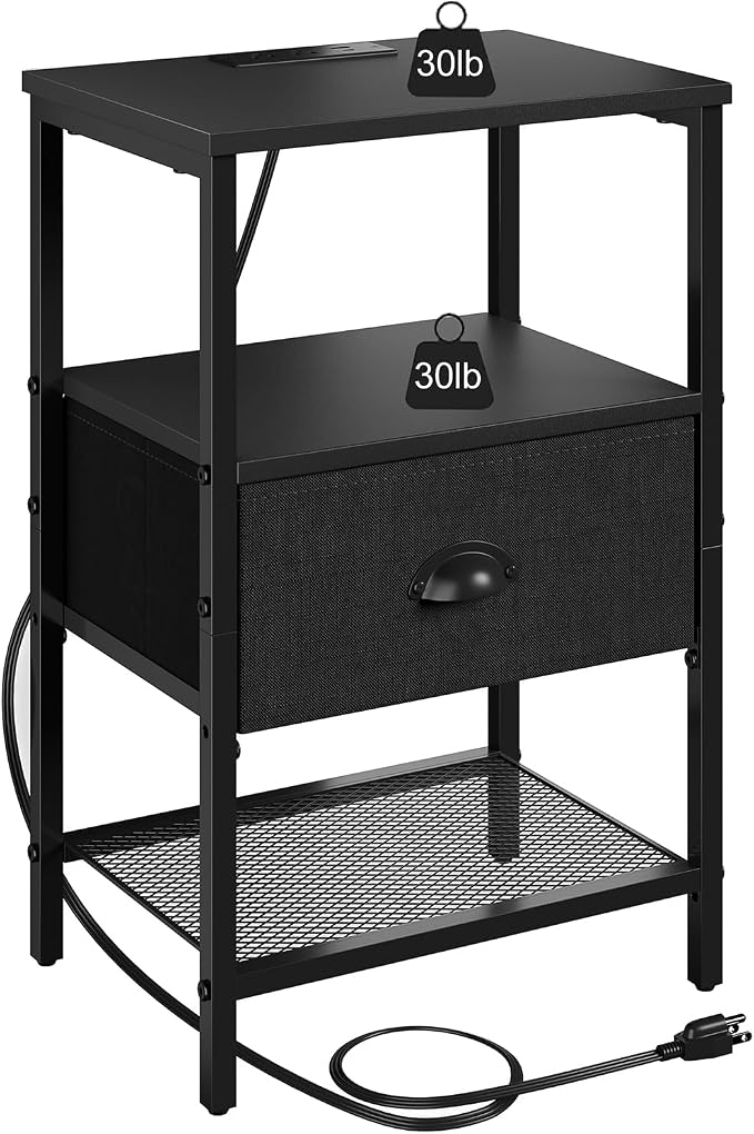 sthmec Nightstands with Charging Station, LED Bedside Tables with Charging Station and Fabric Drawer, Night Stand with Storage, 3 Tier Side Table with Open Shelf, LED Nightstand Bedside Table,Black