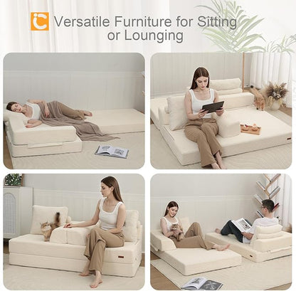 COMAX Futon Sofa Bed, Convertible Sofa Bed, Folding Boneless Couches | Boneless Couch for living room, 4‑in‑1 Fold Out Small Foldable Loveseat Floor Sleeper Mattress Lounge Space‑Saving, Beige