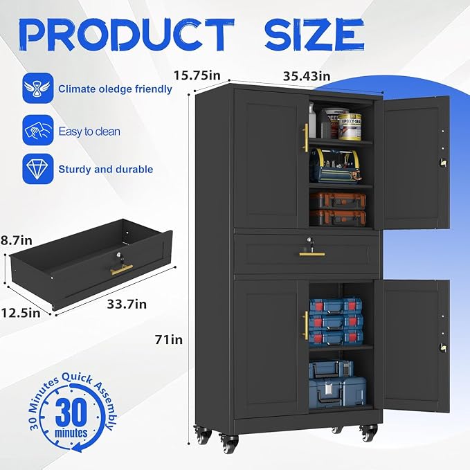 GAIOUS 71” Tall Metal Garage Storage Cabinet with Wheels and Drawer, Steel File Cabinet for Home Office, Tool Cabinet with 4 Locking Doors and 3 Adjustable Shelves, Rolling Cabinet for Garage-Black