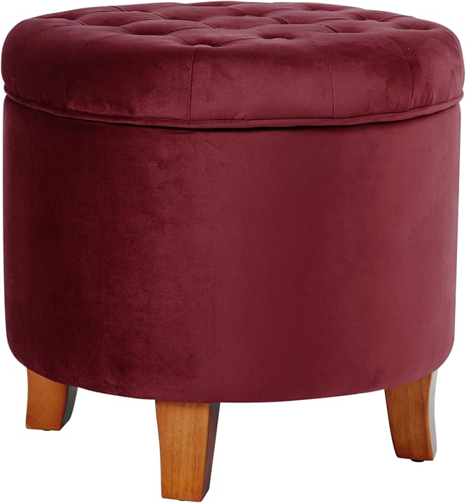 Homepop Home Decor | Upholstered Round Velvet Tufted Foot Rest Ottoman | Ottoman with Storage for Living Room & Bedroom | Decorative Home Furniture, Burgundy Small