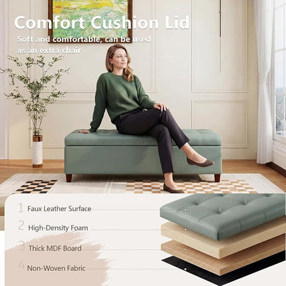 Joveco 51 Inch Storage Ottoman Bench,Tufted Leather Storage Bench for Bedroom (51”,Gray Green)