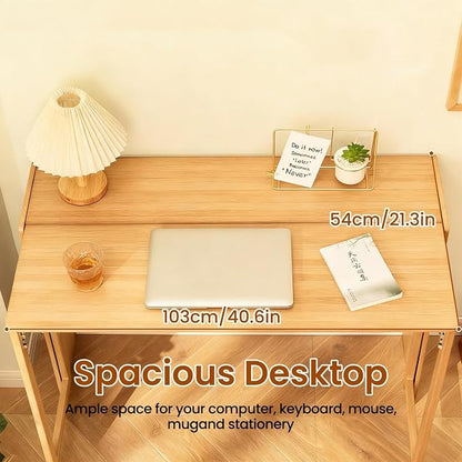 Bamboo Foldable Desk, 41" Folding Bamboo Desk for Small Spaces, Mid Century Small Computer Desks with Bookshelf, Wooden Desks for Home Bedroom Study Office, Primary Color