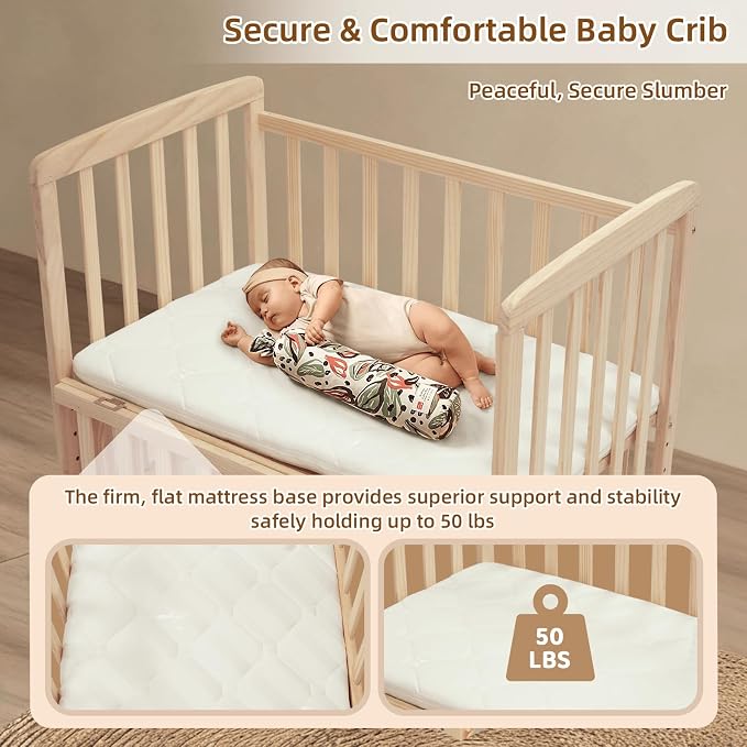 Flwrgirl Convertible Mini Baby Crib - Portable Bedside Bassinet with Mattress Included,3 Heights Baby Crib with Wheels for Small Room and Newborns 0-12 Months,Unpainted