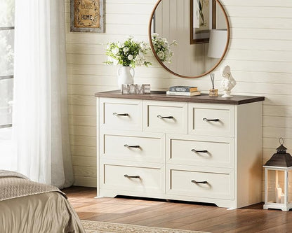 AODK Farmhouse 7 Drawer Dresser for Bedroom, 47” Wide Rustic Storage Chest with Engineered Wood Frame, Anti-Tip Design, American Country Bedroom Furniture, Walnut & Vintage White