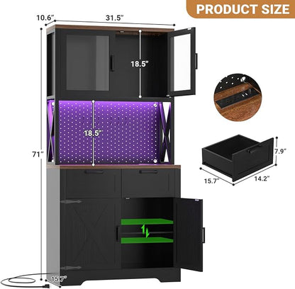 Unikito 71" Pantry Cabinet with LED Light & Outlet, Tall Kitchen Pantry Storage Cabinet with Microwave Stand, DIY Pegboard, Drawer and Adjustable shelf, Kitchen Hutch for Dining Room, Black and Rustic