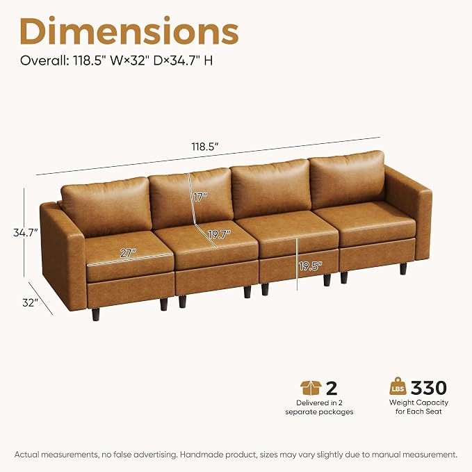 ABCASA Faux Leather Modular Sectional Sofa with Storage Seat, 118.5" 4 Seater Couch Deep Seat with Removable Cover Brown