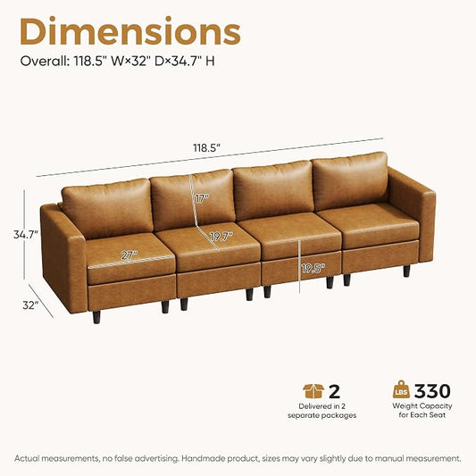 ABCASA Faux Leather Modular Sectional Sofa with Storage Seat, 118.5" 4 Seater Couch Deep Seat with Removable Cover Brown