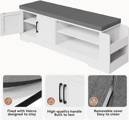 GRUSIGN 47.3" Shoe Storage Bench with Cushion, Entryway Shoe Cabinet, White | 3-in-1 Shoe Storage Bench, 47.3", Adjustable Shelves, Removable Cushion, 300 lbs Capacity, Entryway, Apartment, Families