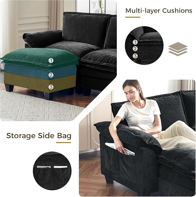 KKL 89 Inch Modular Sectional Sofa, 2 Sets of Loveseat Cloud Couches with Deep Seat, Chenille Sectional Couches for Living Room, Apartment, Black