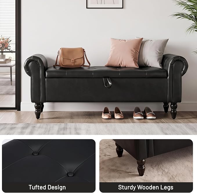Furniliving 55” End of Bed Bench, Bedroom Bench with Button-Tufted, Large Upholstered Storage Ottoman Entryway Bench with Storage Shoe Cabinet Bench, for Bedroom, PU, Black