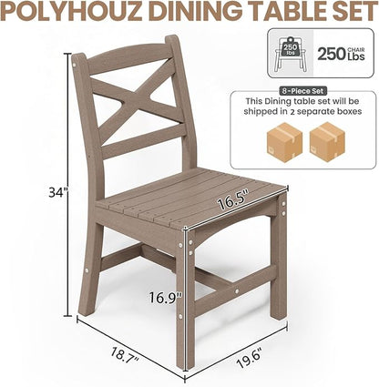 Outdoor Armless Dining Chairs Set of 8,HDPE Patio Chairs with Wide Seat,All-Weather HDPE Patio Armless Chairs for Porch, Backyard, Deck, White Brown, Table not Included