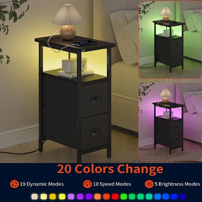 sthmec Narrow End Table with Charging Station, Narrow Side Table with 2 Fabric Drawers, LED End Table, Slim Nightstand with LED Light, Small Side Table for Small Spaces, Living Room, Bedroom, Black
