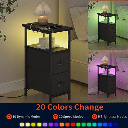 sthmec Narrow End Table with Charging Station, Narrow Side Table with 2 Fabric Drawers, LED End Table, Slim Nightstand with LED Light, Small Side Table for Small Spaces, Living Room, Bedroom, Black