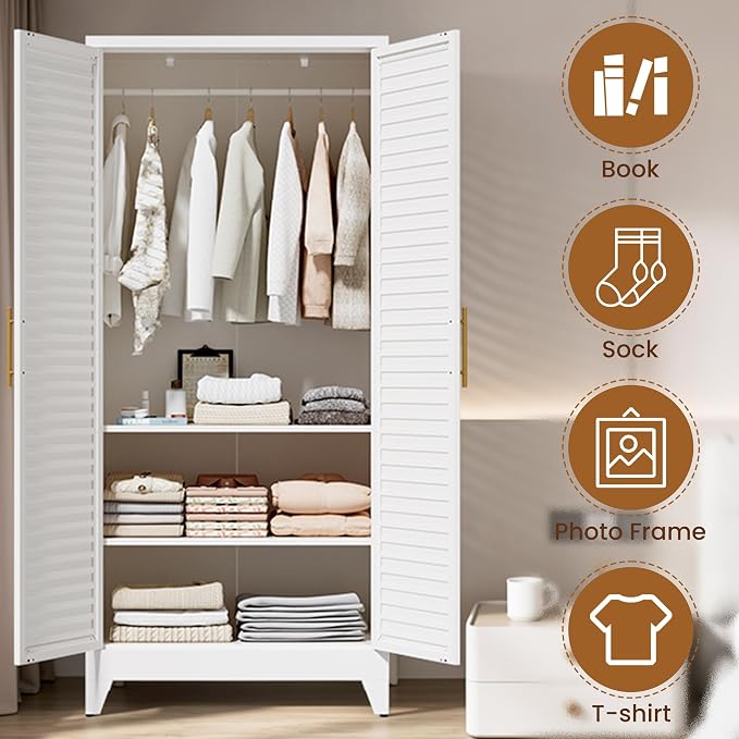 Metal Armoire Wardrobe Closet with 2 Doors, 71" Tall Clothes Cabinet with Adjustable Hanging Rod and 2 Shelves,White Steel Storage Locker Cabinets for Bedroom,Bathroom Employees,Gym,Garage
