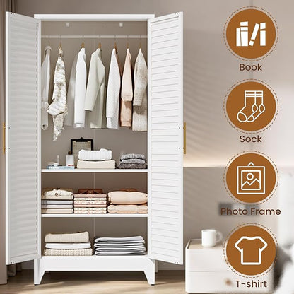 Metal Armoire Wardrobe Closet with 2 Doors, 71" Tall Clothes Cabinet with Adjustable Hanging Rod and 2 Shelves,White Steel Storage Locker Cabinets for Bedroom,Bathroom Employees,Gym,Garage