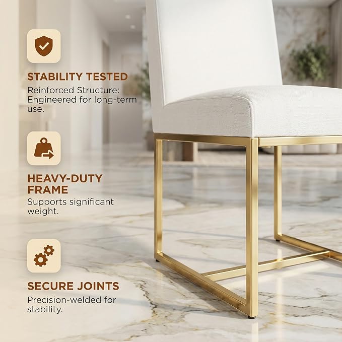 HNY Modern Dining Chairs Set of 6, Upholstered Linen Dining Room Chairs with Ergonomic Back & Polished Gold Metal Frame for Home, Kitchen, Apartment, Cream