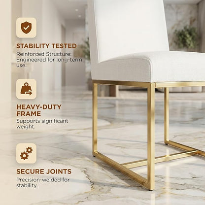 HNY Modern Dining Chairs Set of 6, Upholstered Linen Dining Room Chairs with Ergonomic Back & Polished Gold Metal Frame for Home, Kitchen, Apartment, Cream