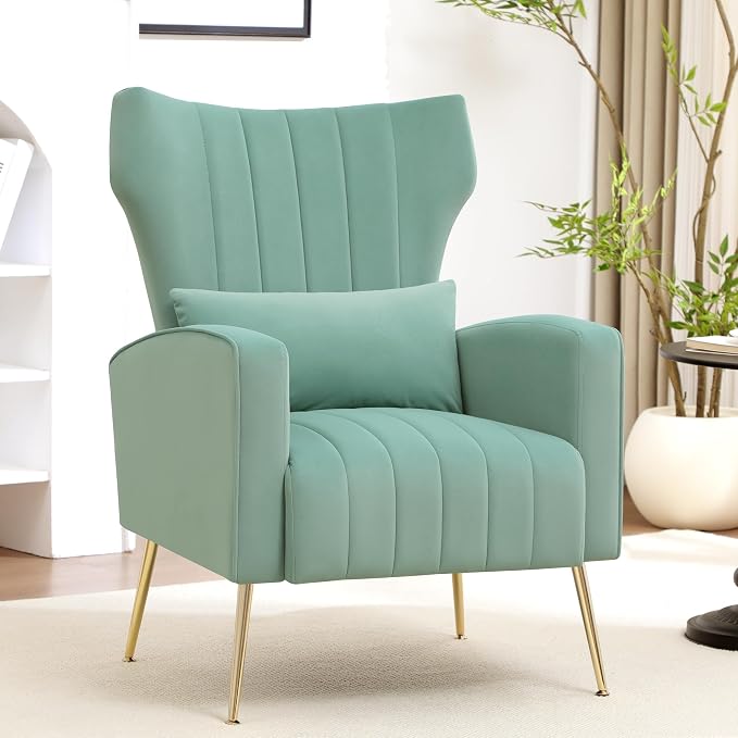 Modern Accent Chair Upholstered Living Room Chair,High Back Arm Chair with Metal Legs Lumbar Reading Chair for Bedroom, Apartment, Small Spaces Lake Green