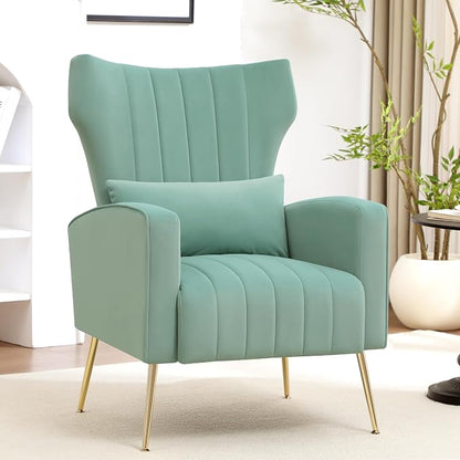 Modern Accent Chair Upholstered Living Room Chair,High Back Arm Chair with Metal Legs Lumbar Reading Chair for Bedroom, Apartment, Small Spaces Lake Green