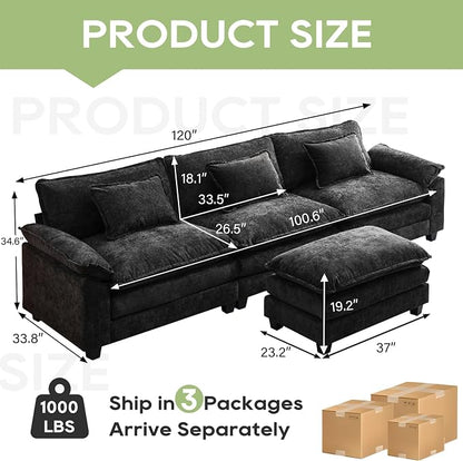 Oprisen 120" Modular Sectional Sofa, Comfy Cloud Couch Sectional Sofa with Ottoman, Chenille Sofa Sleeper Deep Seat Sofa with Throw Pillows for Living Room (Black, 120"- L Shape)