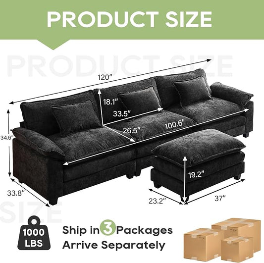 Oprisen 120" Modular Sectional Sofa, Comfy Cloud Couch Sectional Sofa with Ottoman, Chenille Sofa Sleeper Deep Seat Sofa with Throw Pillows for Living Room (Black, 120"- L Shape)
