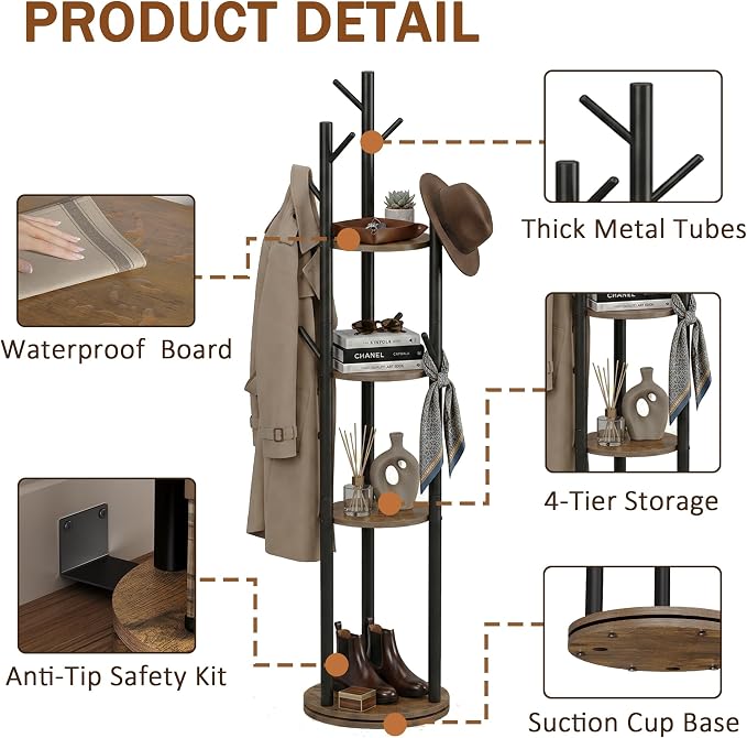 Espelism Rotary Coat Rack Freestanding Metal Coat Hall Tree Stand with 4 Tiers Storage Display Shelf and 9 Hooks for Entryway Bedroom Corner Office Garment Clothes Holder (Brown)