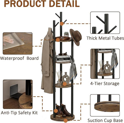 Espelism Rotary Coat Rack Freestanding Metal Coat Hall Tree Stand with 4 Tiers Storage Display Shelf and 9 Hooks for Entryway Bedroom Corner Office Garment Clothes Holder (Brown)