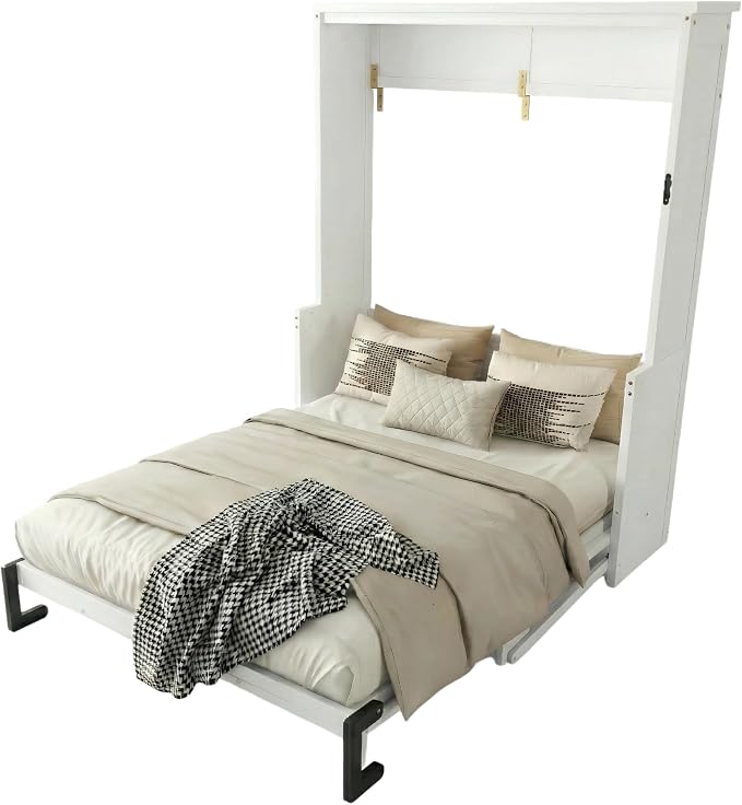 PVWIIK Queen Size Murphy Bed with Desk,Storage Shelf for Small Space,Bedroom,Guest Room,Wood Hidden Wall Multifunctional Bed Space-Saving Cabinet,White