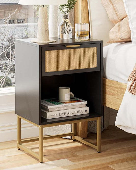 Masupu Rattan Nightstand,Modern Night Stand Boho Farmhouse Wood Bedside Table with Storage Drawer Side End Table for Bedroom, Office,Black