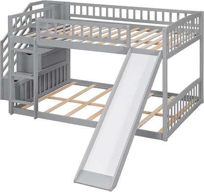 RUNNA Full Over Full Bunk Bed, Staircase with Drawers, Slide, Ladder | full over full bunk bed, staircase with drawers, convertible slide and ladder, solid pine wood, guardrails, no box spring