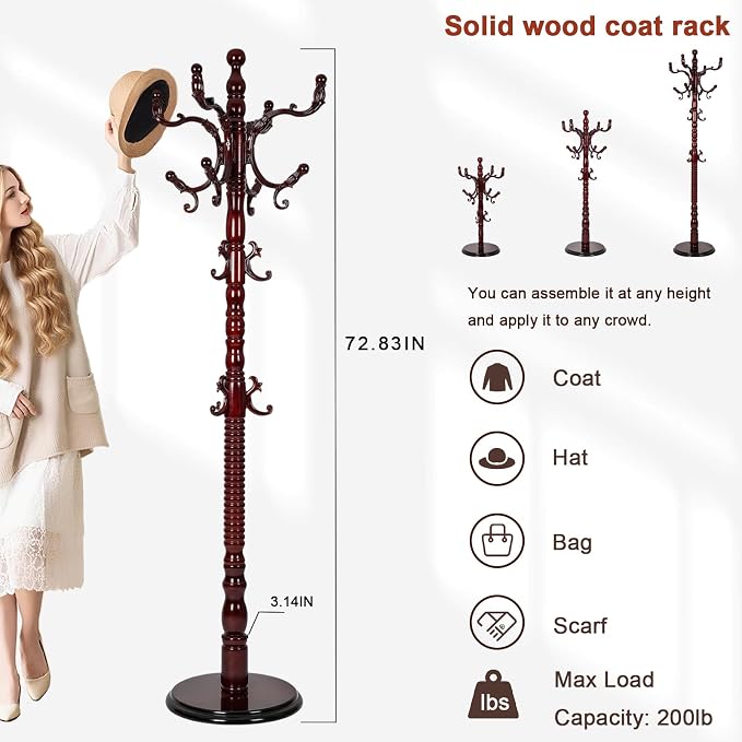 Coat Racks Freestanding, Natural Wood Coat Stands with 14 Hooks, 73" Heavy Duty Adjustable Height Vintage Hall Tree for Entryway, Bedroom, Office, Easy Assembly (Rosewood)