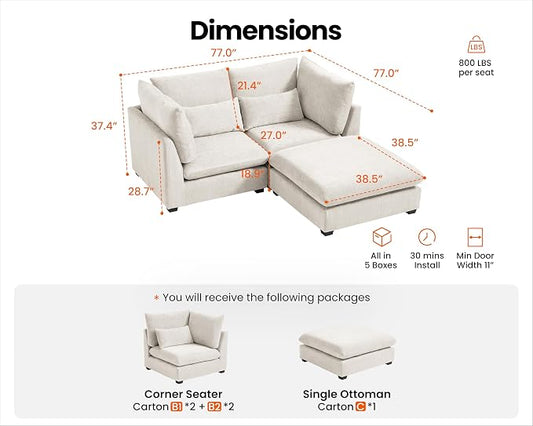 77" Oversized Chenille Couch Modular Sectional Sofa, Washable Cloud Couch Sectional with Ottoman, 3 Seater Sectional Couches for Living Room, Fully Cover Removable, L Shaped, Chenille, White