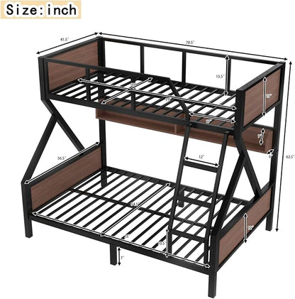 KEIKI Twin Over Full Bunk Bed, Heavy Duty Metal Bunkbed with Storage Shelves, Lights, Bottom Space & Guardrail for Aldults Dorm Bedroom Guest Room, No Box Spring Needed, Noise-Free Design