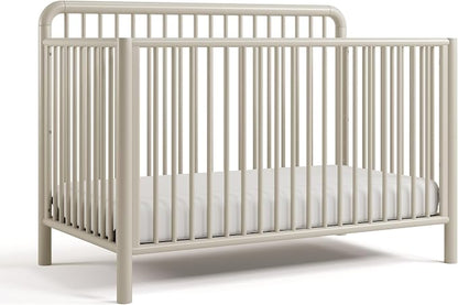 Storkcraft Porto 5-in-1 Convertible Crib with Toddler Guardrail – GREENGUARD Gold Certified, Toddler Bed Conversion Kit Included, 100% Solid Wood, Fits Standard Baby Crib Mattress (Frosted Oat)